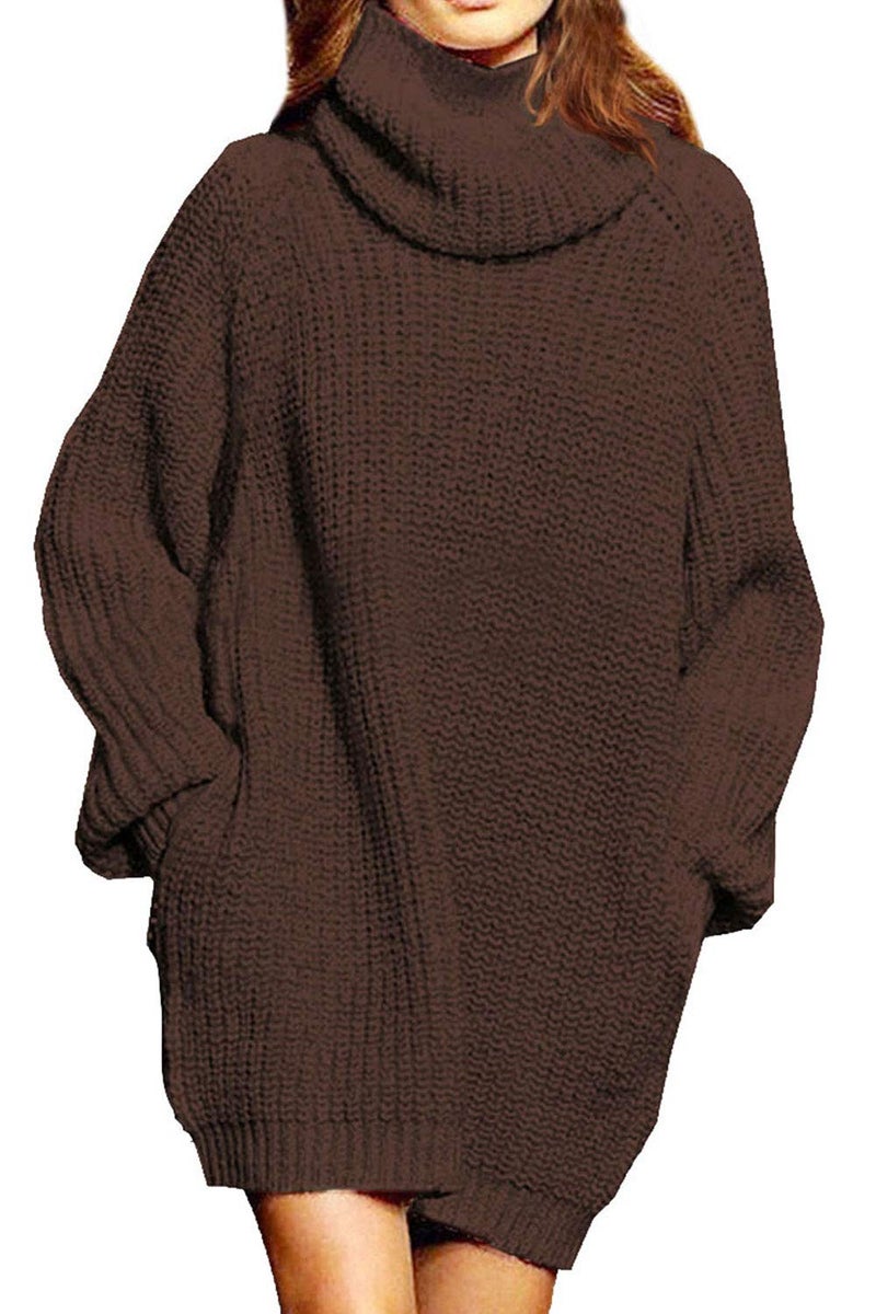 Pink Queen Women's Loose Turtleneck Oversize Long Pullover Sweater Dress Coffee L - Image 1